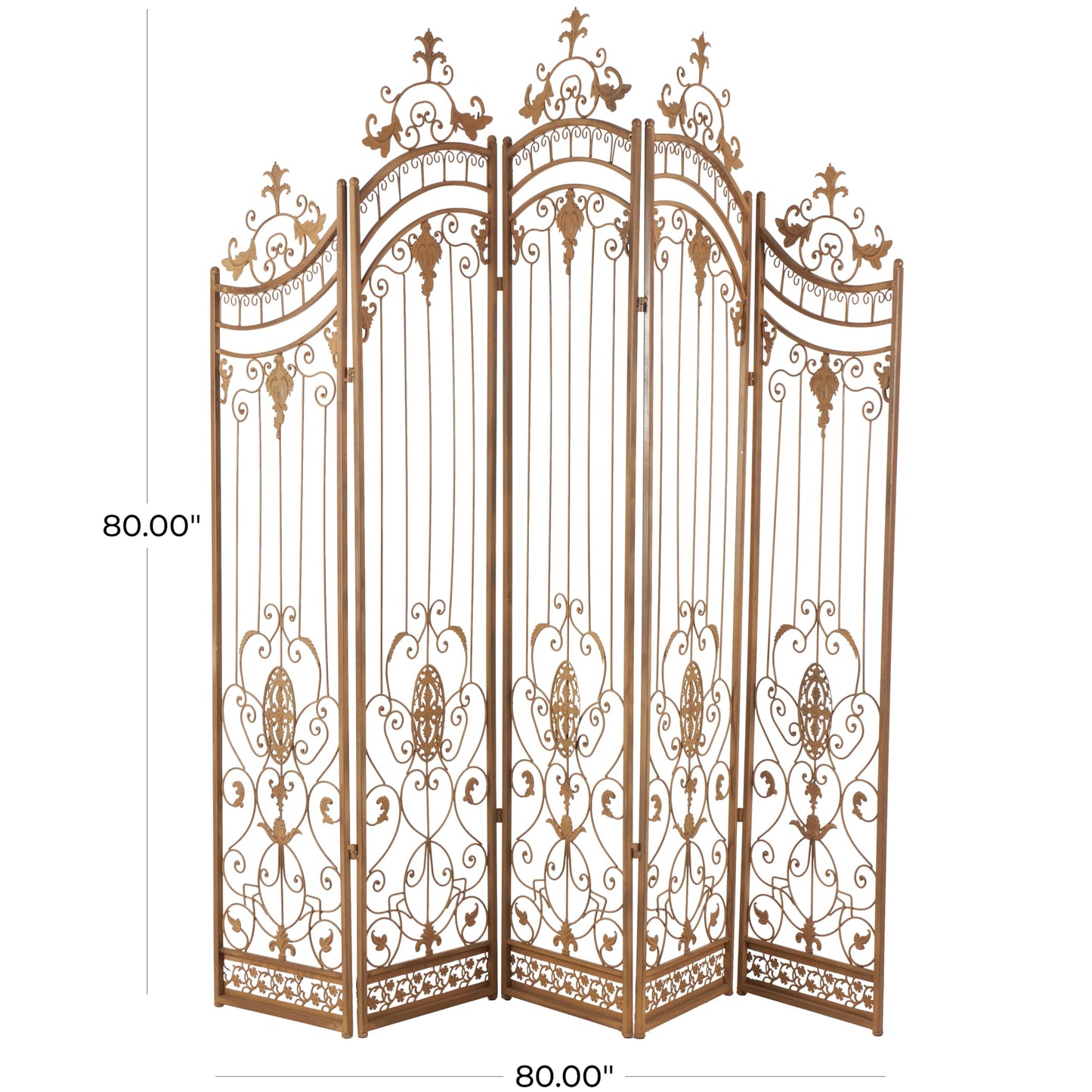 Deco 79 Metal Partition Room Divider Screen Hinged Foldable Arched Partition 5 Panel Privacy Screen with Relief Acanthus Design, Room Partition 80" x 1" x 80", Bronze