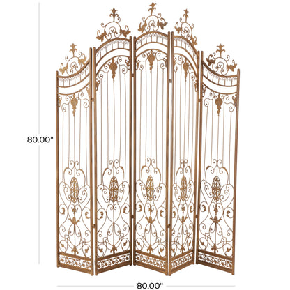 Deco 79 Metal Partition Room Divider Screen Hinged Foldable Arched Partition 5 Panel Privacy Screen with Relief Acanthus Design, Room Partition 80" x 1" x 80", Bronze