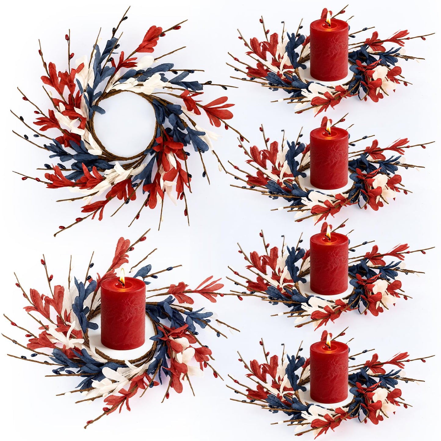 6 PCS Patriotic American Candle Rings Wreaths 4th of July Red White and Blue Floral Candle Rings Holder with Forsythia Flowers Mini Independence Day Wreath for Party Home Table Centerpiece Decor