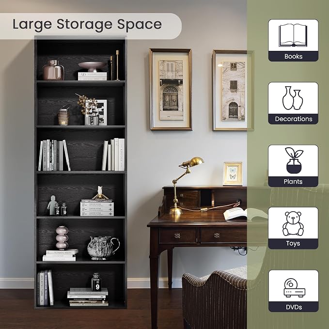 GRUSIGN 71" Tall 6-Tier Bookshelf, Large Open Display Bookcase with Ample Storage, Floor Standing Book Shelf for Living Room, Home Office, Bed Room, Black
