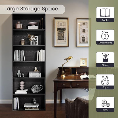 GRUSIGN 71" Tall 6-Tier Bookshelf, Large Open Display Bookcase with Ample Storage, Floor Standing Book Shelf for Living Room, Home Office, Bed Room, Black