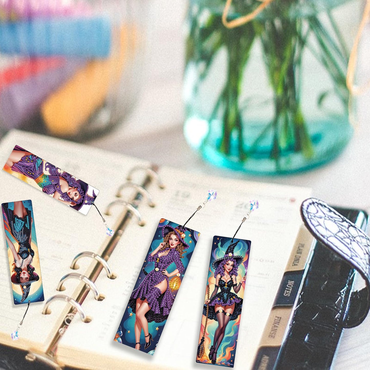 JISHSHAY 4 PCS Halloween Diamond Painting Bookmarks Witch Diamond Art Book Marks Witch Gem Art Bookmarkers Gem Painting Book Markers Horror Crafts for Adults DIY Bookmarks Embroidery Bookmarkers