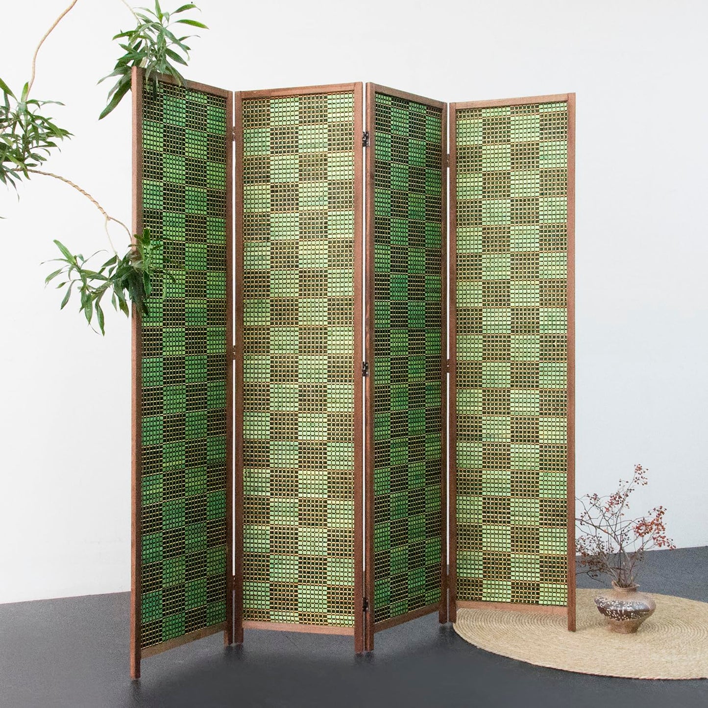 Furnnylane 4 Panel Room Divider Screen and Folding Panel Screen,Double Sided Bamboo Divider for Room Separation,Emerald Square,67" H x 63" W