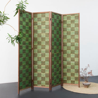 Furnnylane 4 Panel Room Divider Screen and Folding Panel Screen,Double Sided Bamboo Divider for Room Separation,Emerald Square,67" H x 63" W