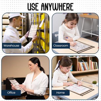 Essex Wares - 30 Pack, Black, Dry Erase Pocket Document Protectors, 10" Wide x 13.5" Tall - Dry Erase Clear Plastic Sleeves - Reusable & Easy Erase Plastic Invoice Holders, Water-Resistant & Durable