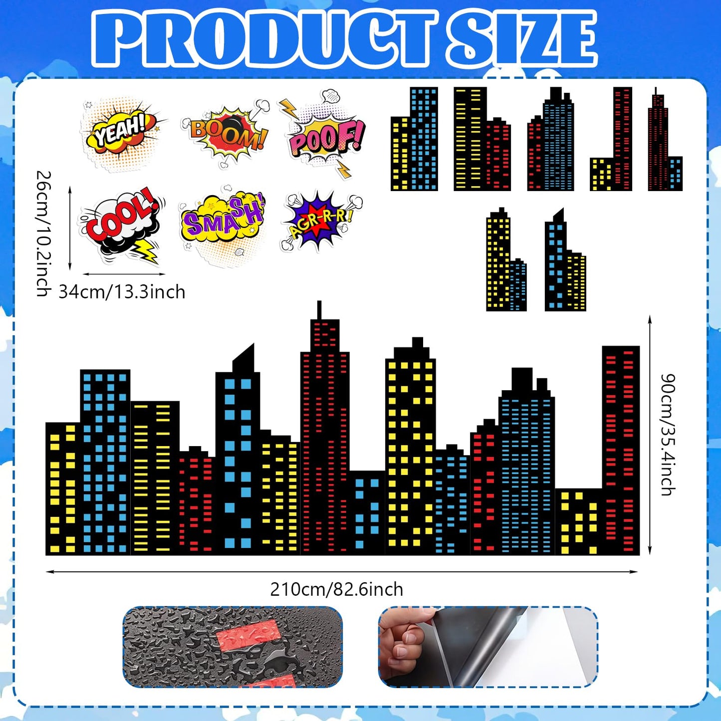 Crtiin 19 Pcs Large Hero Theme City Skyline Wall Decal 12 Comic Words and 7 Large Cityscape Wall Decal Art New York Skyline Hero for Birthday Classroom Backdrop Back to School Hallway Blackboard