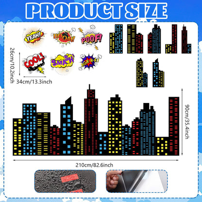 Crtiin 19 Pcs Large Hero Theme City Skyline Wall Decal 12 Comic Words and 7 Large Cityscape Wall Decal Art New York Skyline Hero for Birthday Classroom Backdrop Back to School Hallway Blackboard