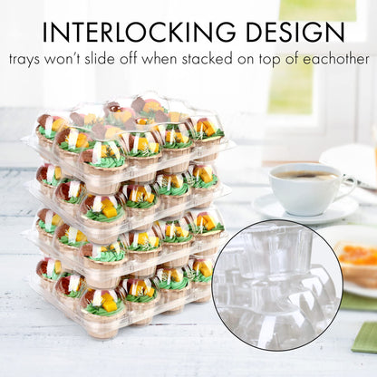 LotFancy (12 Count x 5 Sets) Cupcake Containers with 60 Liners, Plastic Stackable Cupcake Boxes, Disposable Muffin Holder with Detachable Tall Dome Lid, BPA Free, Clear Cupcake Carrier, Standard Size