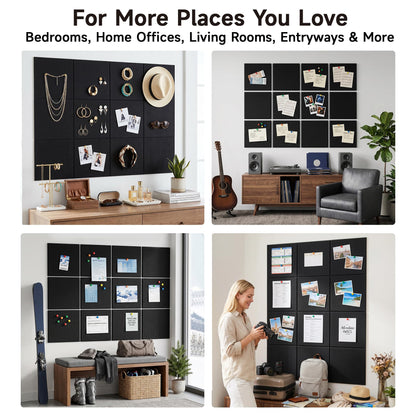 MISSDAY Black Acoustic Wall Panel Felt Bulletin Board 48" x 36" Cork Board for Wall, 12-Pack Boards with 72 Removable Adhesive Tabs, 50 Pins, Pin Board for Home Office Classroom Soundproof Wall Tile