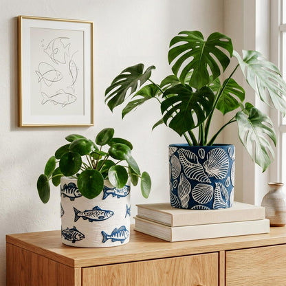 Nature Crafted Ceramic Plant Pots, 5.5 Inch Planter Pot with Drainage Hole, Shell Fish Patterns Ceramic Planters Flower Pot for Indoor Home Succulent Flower Orchid Plants, Set of 2