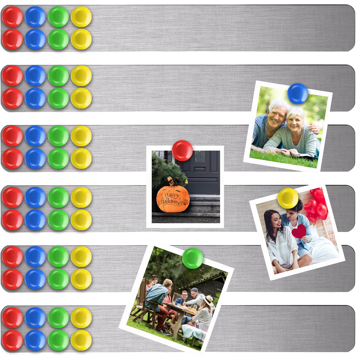 Outus 6 Pcs 15" x 2" Magnetic Wall Strips, Magnetic Bulletin Board Strip Set with 48 Pcs Colorful Magnets, Metal Display Board for Office Home Notes Photos(Silver)