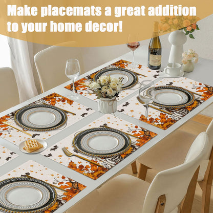 Fall Skull Sunflower Placemats Set of 6, Halloween Bat Linen Place Mat Washable Stain Resistant Table Mats for Farmhouse Kitchen Dining 12x18 Inch