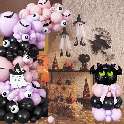 Halloween Balloon Garland Arch Kit, Light Pink Pastel Purple Black Spooky White Eyeball Latex Balloons with Scary 3D Bats Foil Balloon for Kid Halloween Party Decor Indoor Outdoor Backdrop Decorations