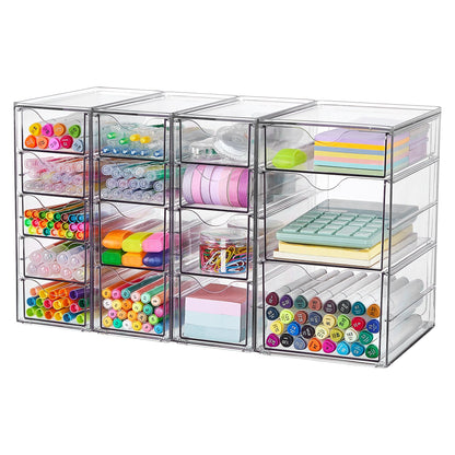 Vtopmart 4 Set Clear Desk Organizer, Pen Organizer with 16 Drawers, Acrylic Desktop Organization and Storage for Office Supplies, Pen, Makeup, Art Craft, Jewelry
