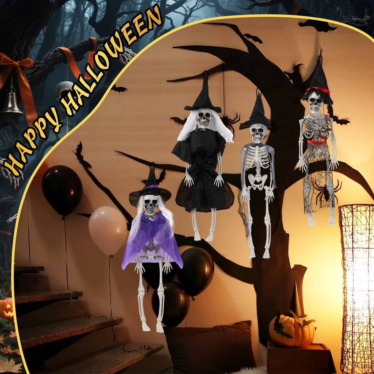 Poen 4 Pack 16" Halloween Hanging Skeleton Decorations Small Full Body Posable Skeletons with Movable Joints Plastic Mini Spooky Decor for Halloween Party Haunted House Lawn Graveyard Props (Witch)
