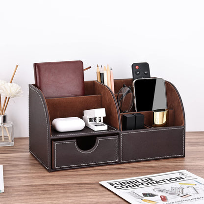 KINGFOM Pu Leather Desk Organizer Pen Pencil Holder Office Supplies Caddy Storage Box 6 Compartments with Drawer Brown