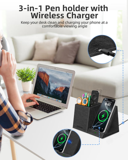 Investme Pen Holder with Wireless Charger, Pencil Holder for Desk, Multi-Functional Desktop Organizer, Desk Organizers and Accessories for Home School Office Supplies, PU Leather Black