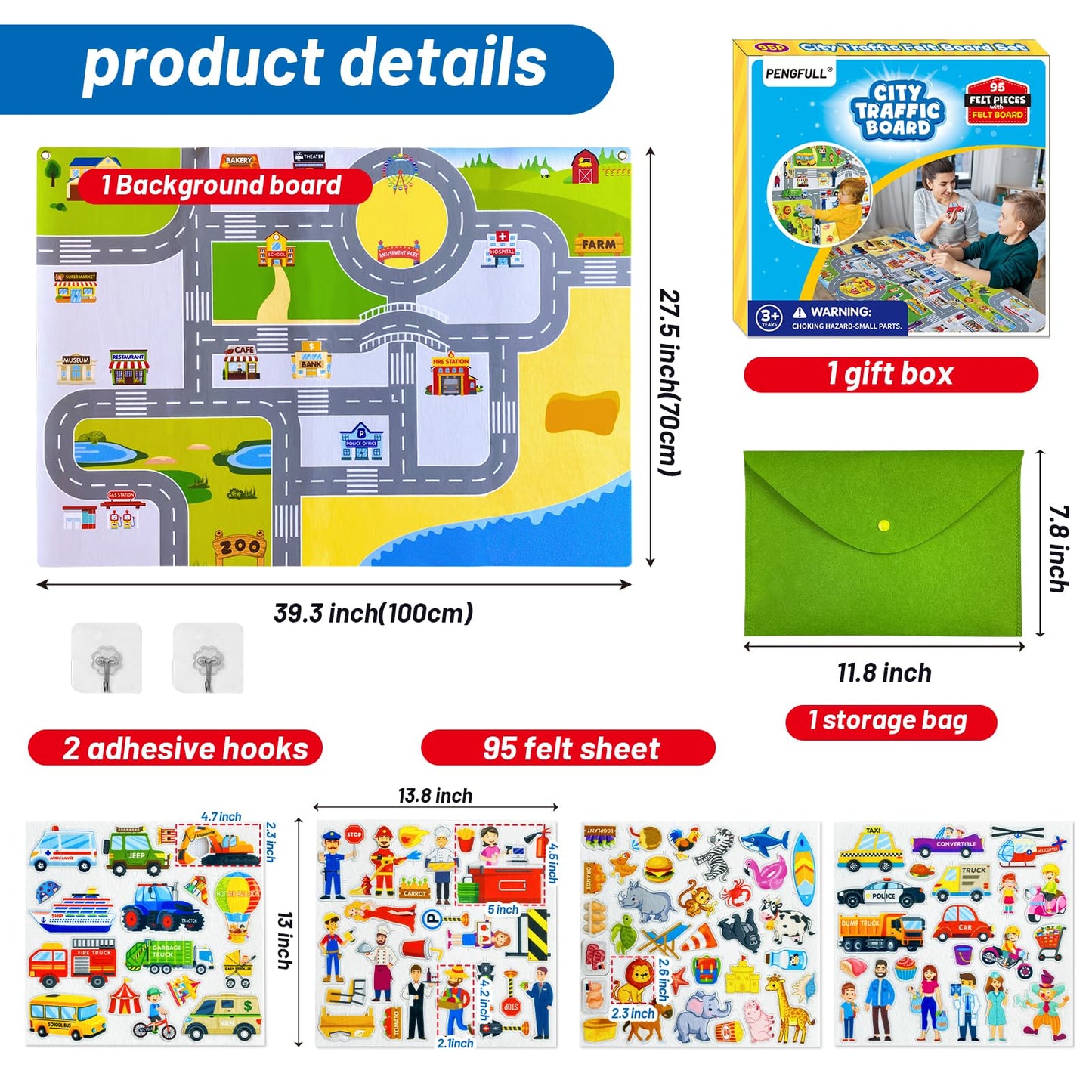 Transportation Felt Story Board Set ,40*28in Flannel Board for Wall ,95 Felt Pieces,Preschool Storytelling ,Vehicles,Career Image Dress-Up,Zoo Learning Interactive,for 3 years +,Gift for Toddlers