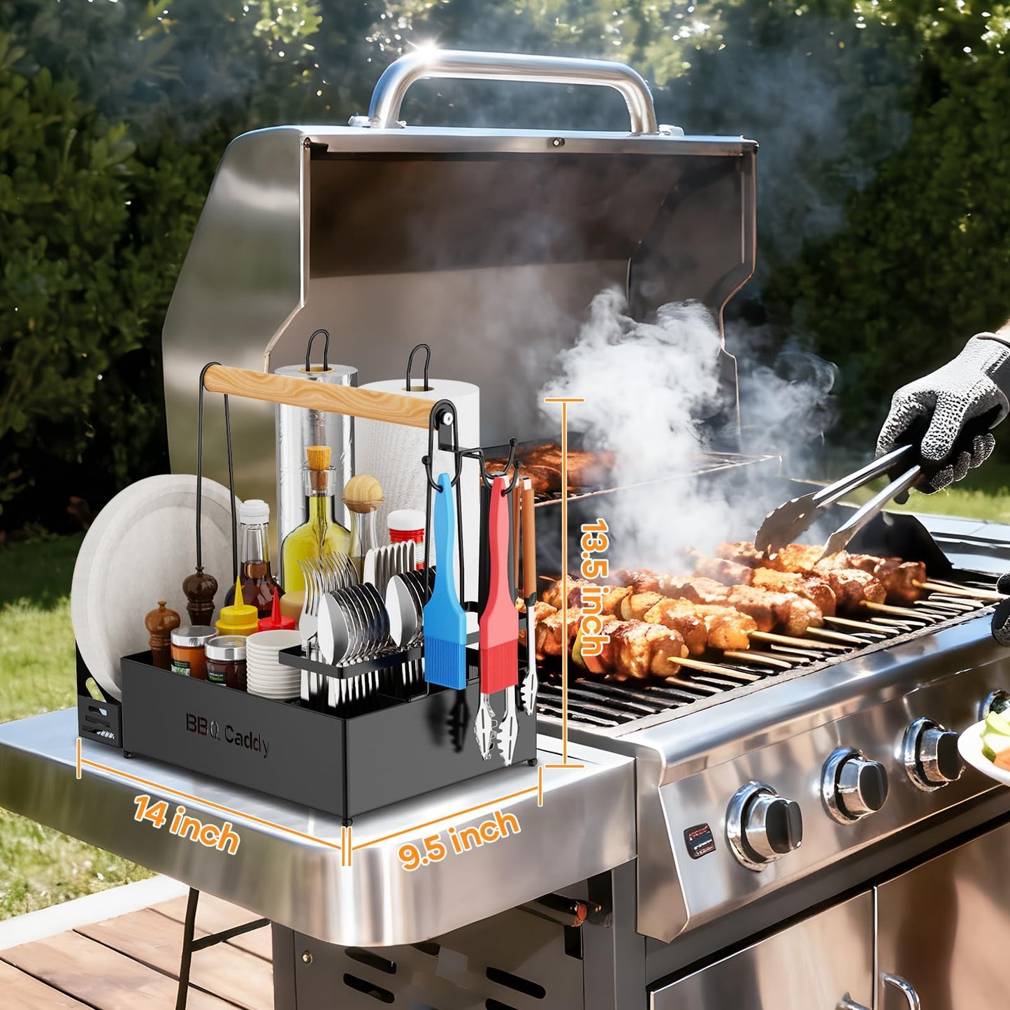 GUIBUKEYAN Grill Caddy, BBQ for Outdoor Grill with 2 Paper Towel Holders, Picnic BBQ Condiment Utensil Organizer Caddy for Outdoor Cooking, Rv, Camping Essential, Camper Must Haves,Gifts for Men