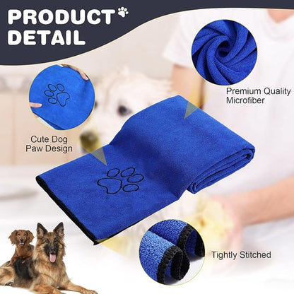 Chumia 4 Pack Dog Towels for Drying Large Microfiber Grooming Tools Absorbent Soft Bath Supplies with Embroidered Paw for Small Medium Pet Products(16 x 32 Inch,Blue)