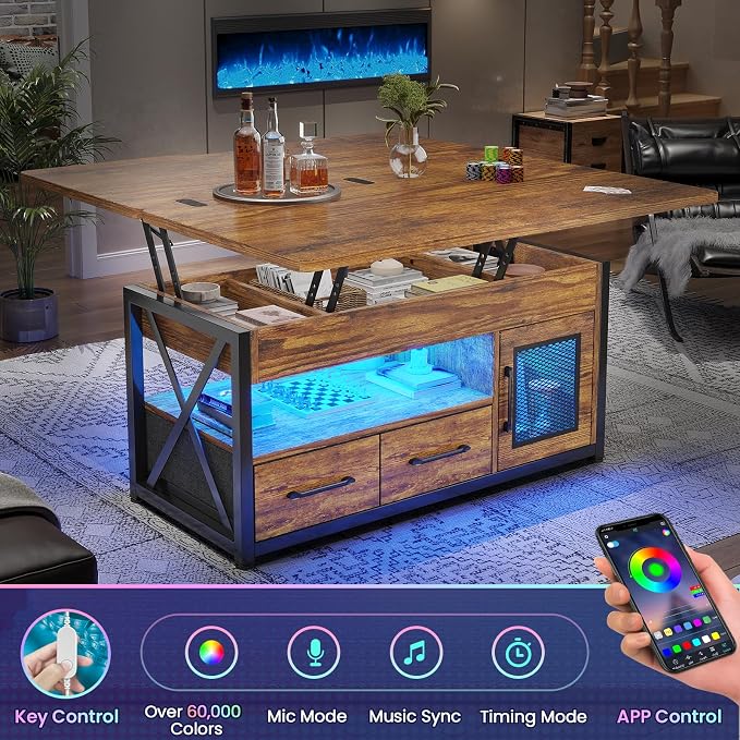 Itaar 40" Lift Top Coffee Table, 4 in 1 Coffee Tables with Storage Cabinet for Living Room, Small Farmhouse Coffee Table with 2 Fabric Drawers & LED Light for Dining Room, Rustic Brown