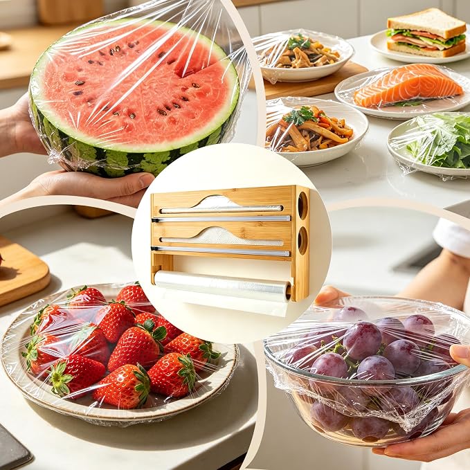 Plastic Wrap Dispenser with Cutter, 3 in 1 Tin Foil Wrap Dispenser Wall-Mounted Organizer for Baking Paper, Wax Paper Holder Kitchen Storage Box (Wood)