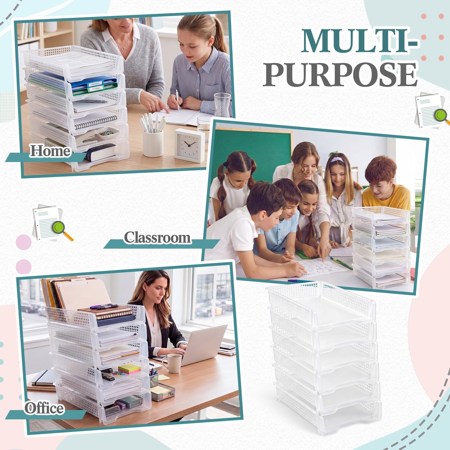 Geetery Set of 12 Plastic Trays for Teachers Turn in Trays Classroom Stackable Paper Tray Plastic Classroom Teachers Desk Letter Organizer Storage Baskets for Office, Desk, Home (Clear)