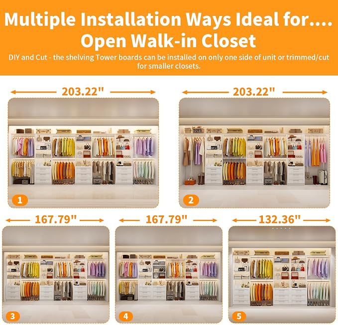 Closet System with 9 Drawers, 11-17FT Closet Organizer System with Cuttable Shelves for Walk in Closet with 9 Expandable Hanging Rods, Heavy Duty Built-in Closet for Bedroom, White(3 Sets)