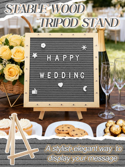 Felt Letter Board with LED Lights - 10 ×10" Custom Message Board with Changeable Letters & Stand, First Day of School Sign/Graduation/Pregnancy/Baby Announcement/Wedding/Classroom Decor, Grey