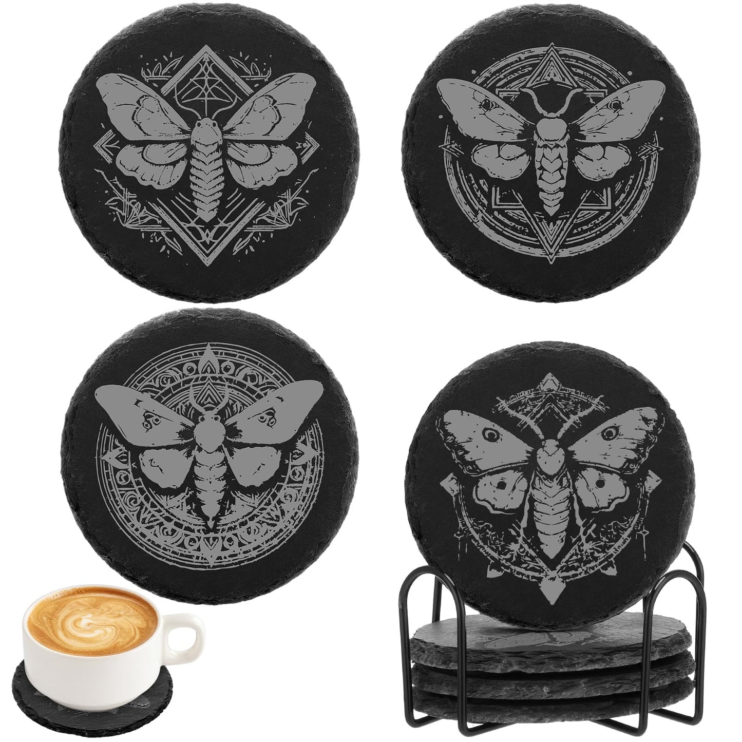 Hushee 4 Pcs Gothic Moth Slate Coasters Set, 4 Inch Laser Engraving Stone Black Round Coasters with Anti-Scratch Bottom and Storage Holder, Gothic Gift Home Decors for Kitchen Bar Office Dinner Table