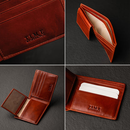 Time Resistance Leather Wallet – Italian Handmade Minimalist Design Wallet - Billfold Credit Card and Cash Holder (Cognac Brown)