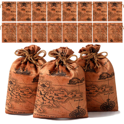 RICHNESS 16pcs Pirate Party Favor Bags Treasure Map Bag with Drawstring Closure Satin Party Loot Bags 4.5X6 Inches Goodie Bags