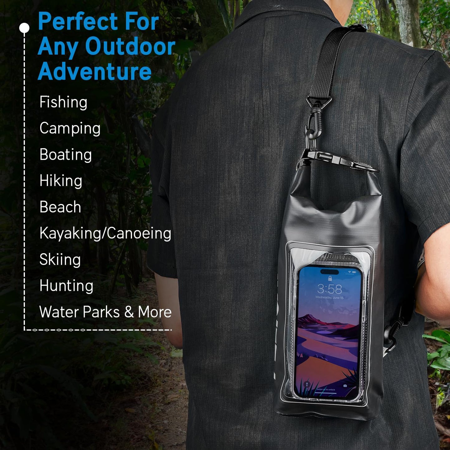 Pelican Marine IP68 Waterproof Dry Bag 2L - Roll Top Waterproof Backpack w/ Phone Case / Pouch - Boating & Kayak Accessories - Essentials for Camping Swimming Beach Fishing Rafting Travel - Black