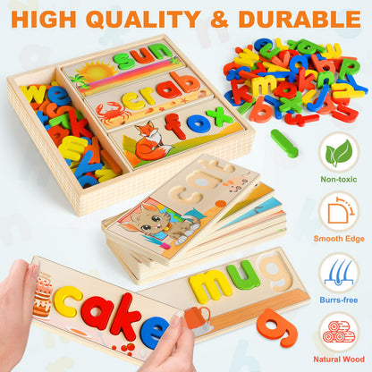 Wooden See & Spell Learning Toys for 2 3 4 5 Year Old Kids, Preschool Learning Activities Alphabet Flash Cards, Educational Match Letter Game Board, CVC Word Builder Montessori Toys Gifts for Boy Girl