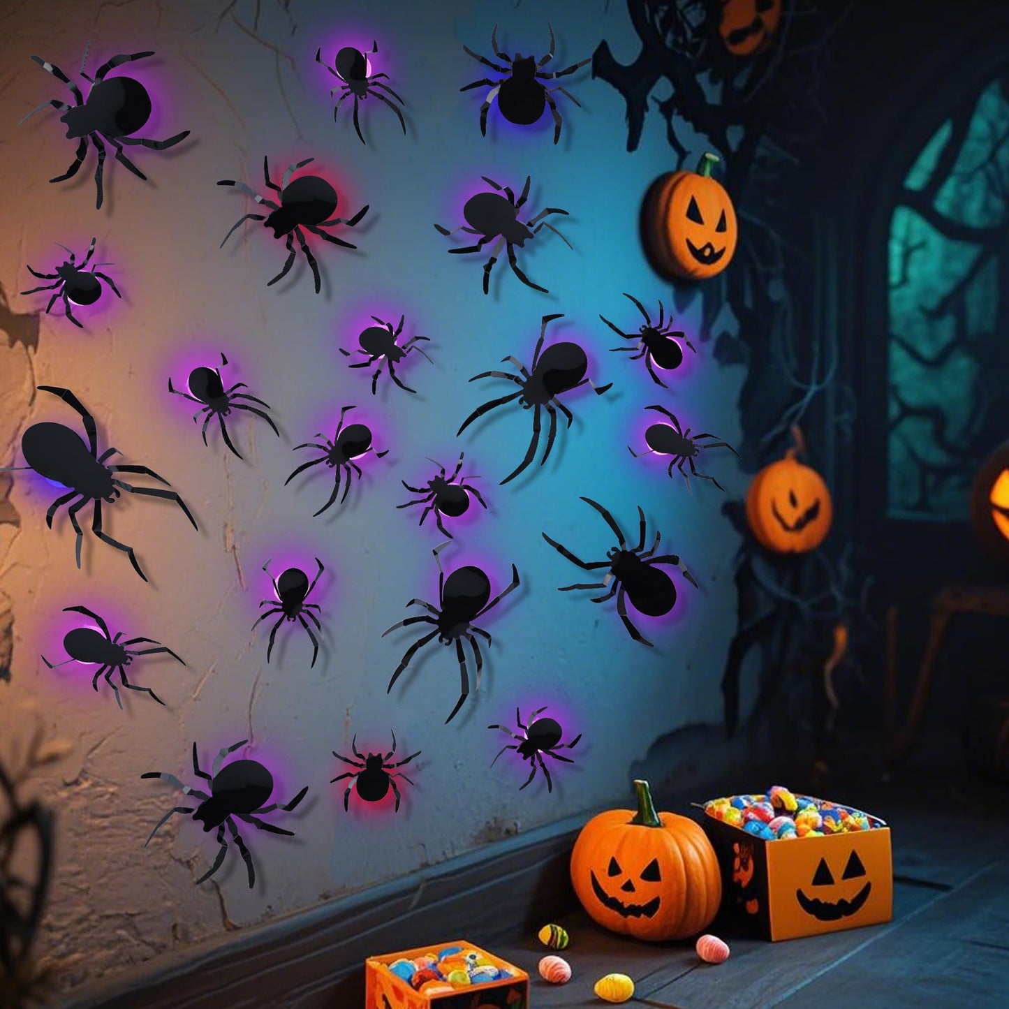 DR.DUDU 36 Pack Halloween Wall Decor Light up Spiders Window Decorations