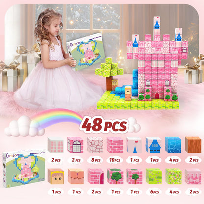 CEMECER Magnetic Blocks, 48PCS 1in Princess Magnetic Building Blocks Toy for Kids Build Cubes, Stacking Magnetic Tiles, Sensory Montessori Construction Toys, Boys Girls Christmas Birthday Gifts.
