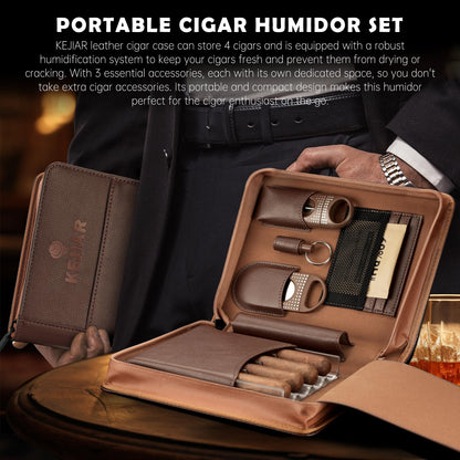 KEJIAR Cigar Humidor Case, Portable Cigar Box with Straight Cutter, V Cutter, Hole Puncher, Humidifier Packs, Travel Humidor and Cigar Accessories Gift Set Leather Cigar Case (Brown)