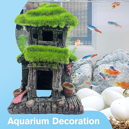 Hamiledyi Fish Hideout House for Aquarium Decorations, Betta Cave with Lifelike Moss, Come with 2 PCS Artificial Plants, Fish Tank Decoration for Shrimp Fish Shelter