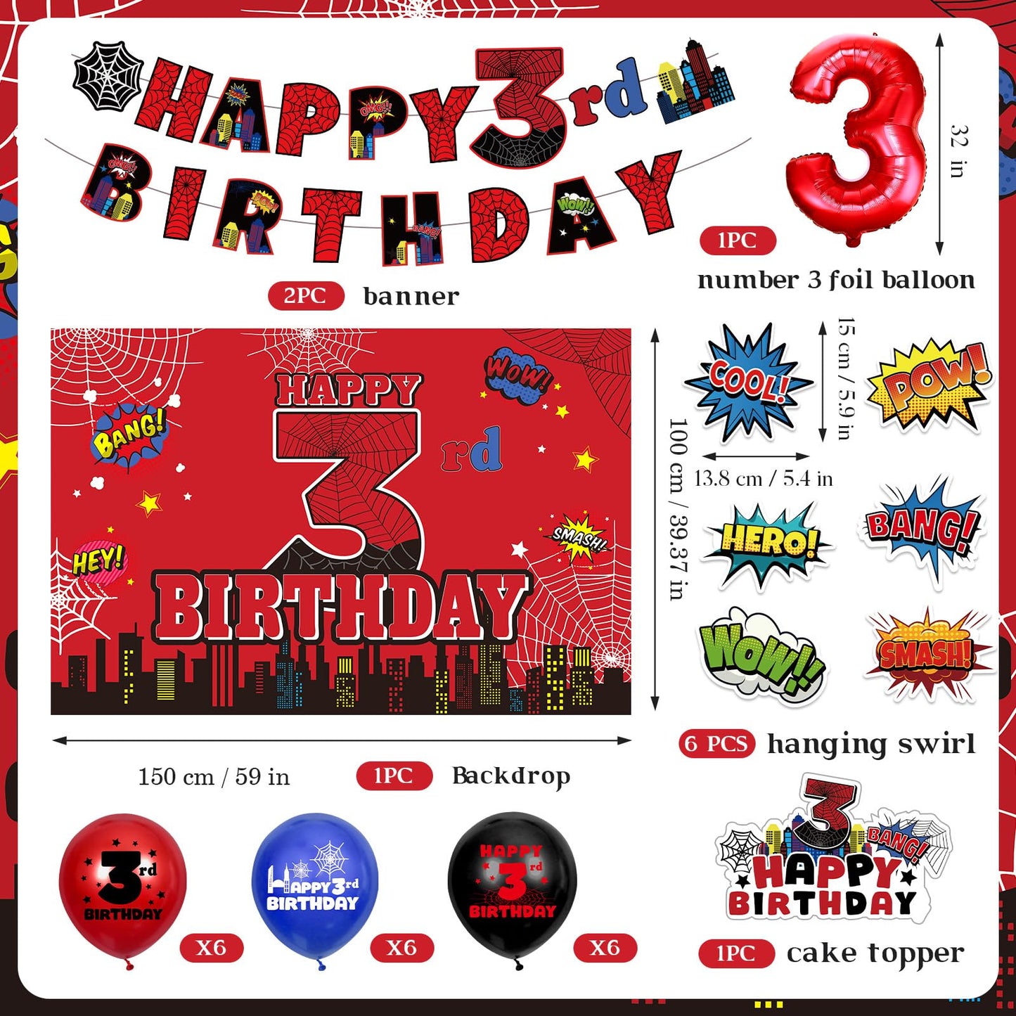 Spider 3rd Birthday Decorations, Red Black Happy 3rd Birthday Banner Backdrop Hanging Swirls Number 3 Balloons Cake Topper for Kids 3 Years Old Spider Web Cartoon Party Supplies Favors Third Decor