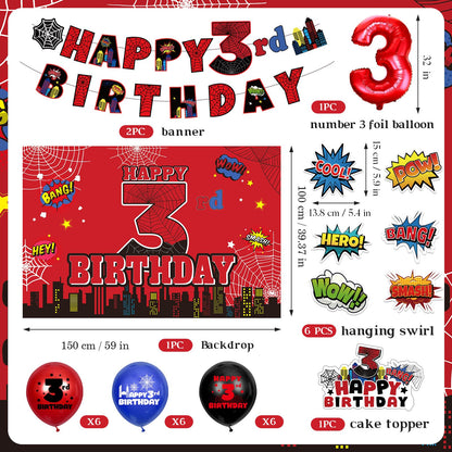 Spider 3rd Birthday Decorations, Red Black Happy 3rd Birthday Banner Backdrop Hanging Swirls Number 3 Balloons Cake Topper for Kids 3 Years Old Spider Web Cartoon Party Supplies Favors Third Decor