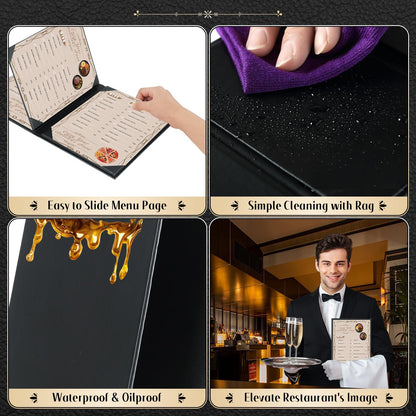 FLKQC Restaurant Menu Covers Holders 8.5 X 11, 5 Pack Synthetic Leather Menu Holder Covers Book Style with Angled Corners Black for Wine List, Certificate Organizer Diploma Holder (3 Page 4 View)