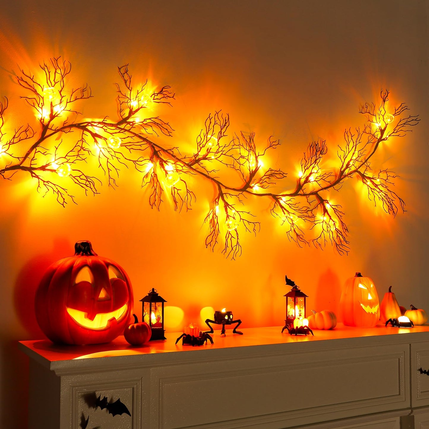 Joyhalo Halloween Garland with Lights Decorations with Pumpkin Lights,Battery Operated 6FT 47 LED Halloween Willow Vine Twig Garland for Mantle,Wall,Fireplace and Halloween Decorations