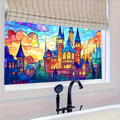 HOMETITUTE Stained Glass Castle Pattern Rainbow Window Film 39.3x17.7 inches Non-Adhesive Removable Reusable for Glass Door Home and Office Bedrooms PVC Static Cling Sticker