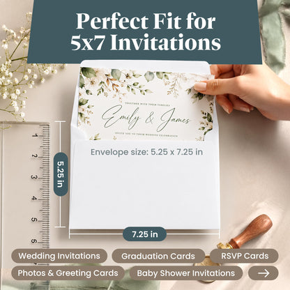 5x7 Envelopes for Invitations - 110 White Envelopes for 5x7 Cards - A7 - (5 ¼ x 7 ¼ inches) - Perfect for Weddings, Graduation, Baby Shower - 120 GSM - Peel, Press & Self Seal - Square Flap