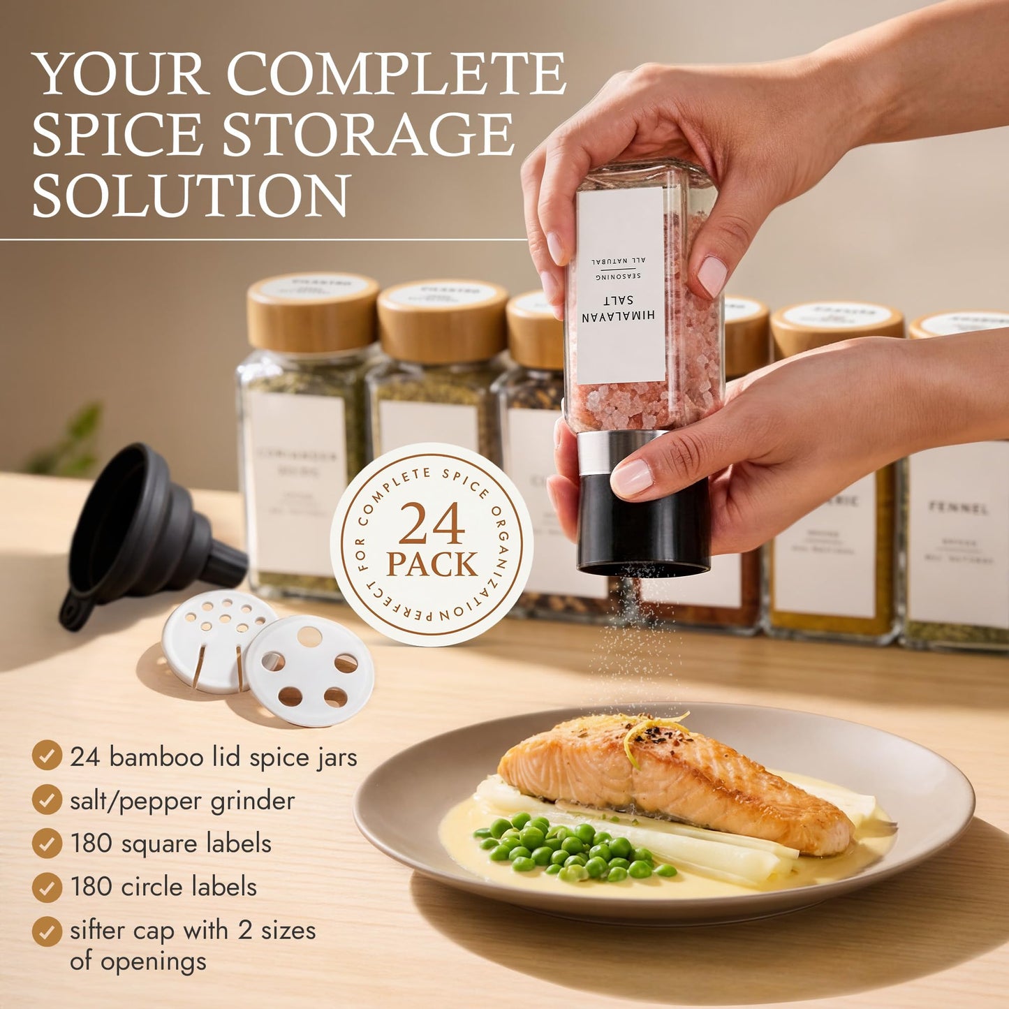 Livabl Glass Spice Jars with 360 Labels -24 pcs- 4oz- Spice Containers with Bamboo Lids -Shaker Lids- Pepper Grinder-Spice Organization for Cabinet-Drawer-Rack-Seasoning Organizer-Square bottles
