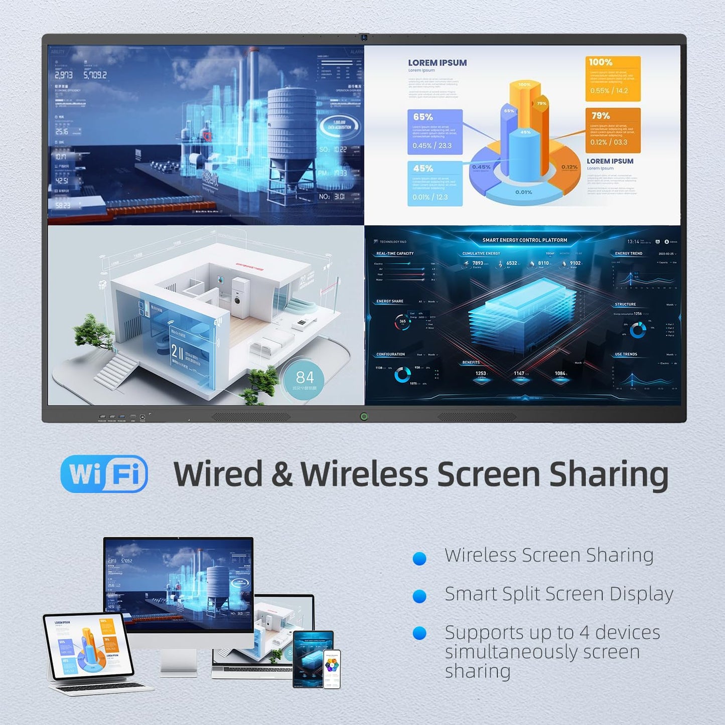 QIXZOCV 86" Smart Board, 4K Interactive Whiteboard, 20-Point Touch Screen, Android 14, 8GB & 128GB, Screen Sharing, Bluetooth/WiFi/HDMI, All-in-One Meeting & Education Solution (Wall Mount Included)