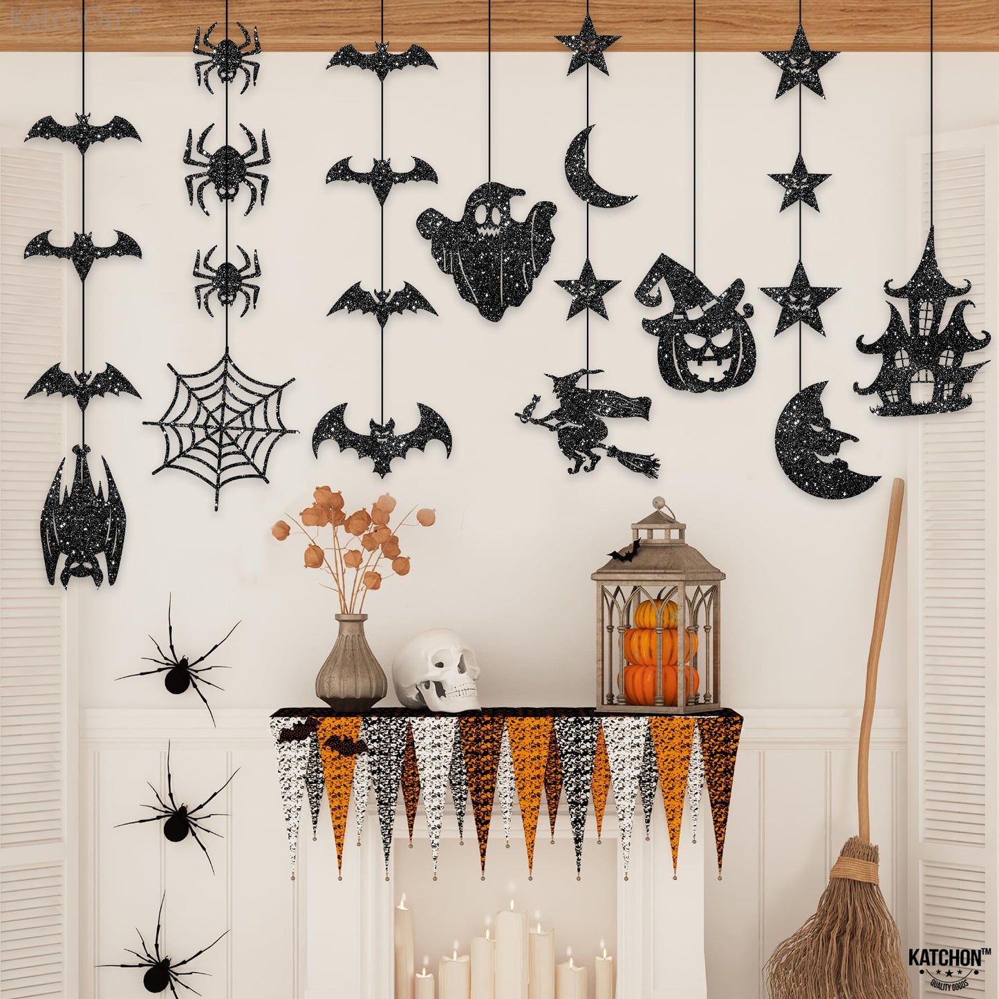 KatchOn, Glitter Black Halloween Garland - Huge, Pack of 10 | Halloween Party Decor Garland with Ghost, Witch, Skull, Raven, Pumpkin & Tree Cutouts | Spooky Party Hanging Decoration