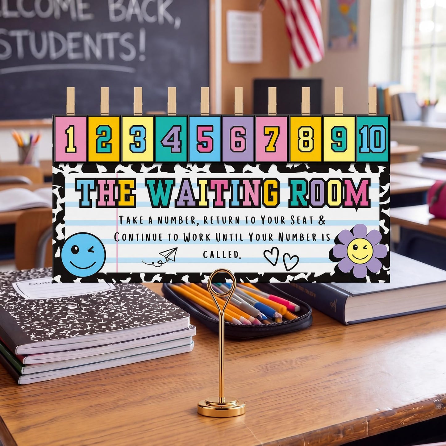 Tinlade Composition Notebook Classroom Management Tools Teacher Waiting Room Sign Girl Style Waiting Room Numbers Classroom Set with Wooden Clips for Back to School Elementary Teacher Supplies
