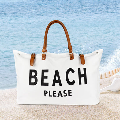 Lamyba Beach Tote Bag for Women, Oversized Travel Tote Bag with Vegan Leather Handle, Weekend Vibes White X-Large
