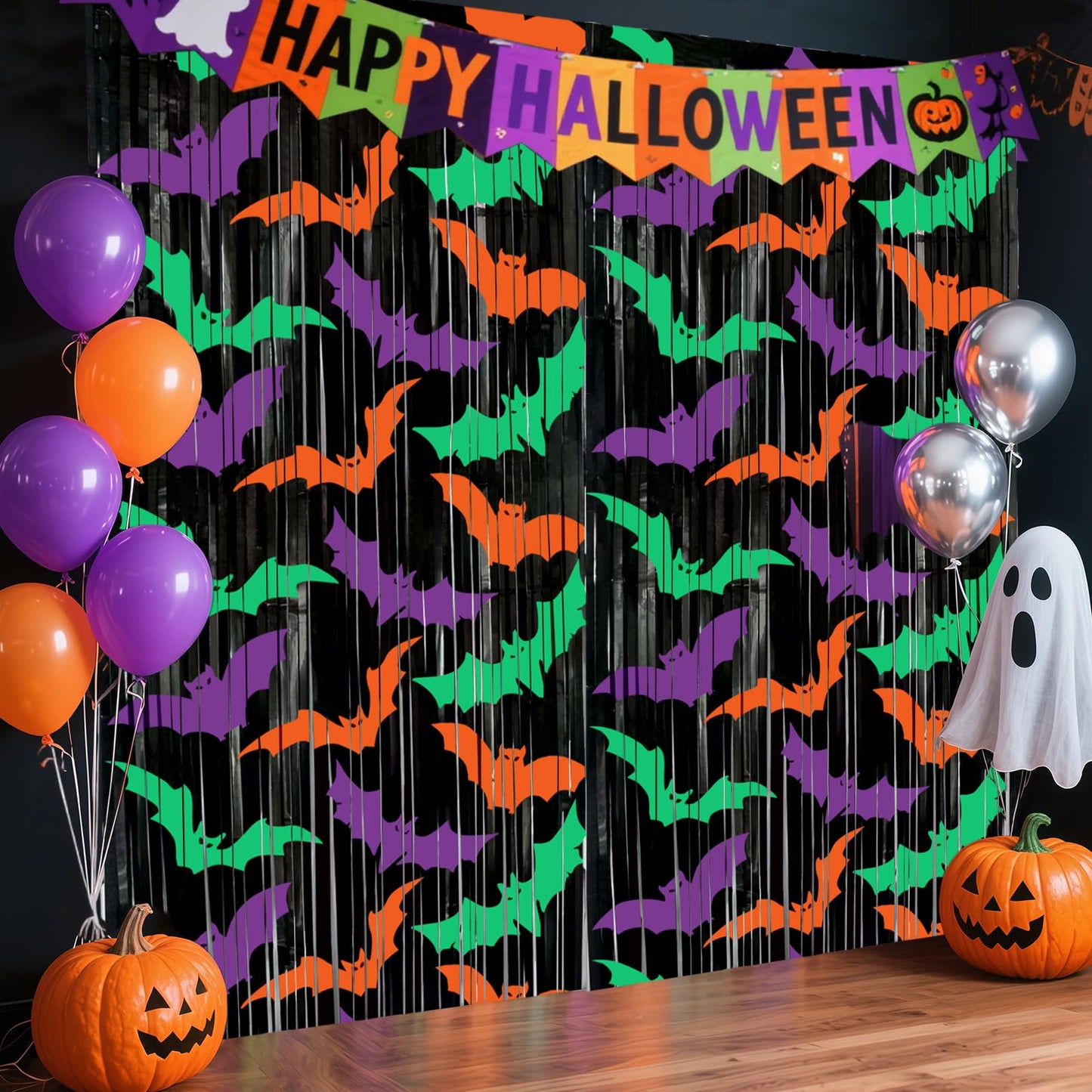 Ycitusi 2 Packs Bat Foil Fringe Curtains - Purple Orange Green Halloween Door Streamers for Photo Backdrop, 3.3 x 6.6 ft Tinsel Curtains for Beetlejuice, Monster or Neon Glow Party Decorations